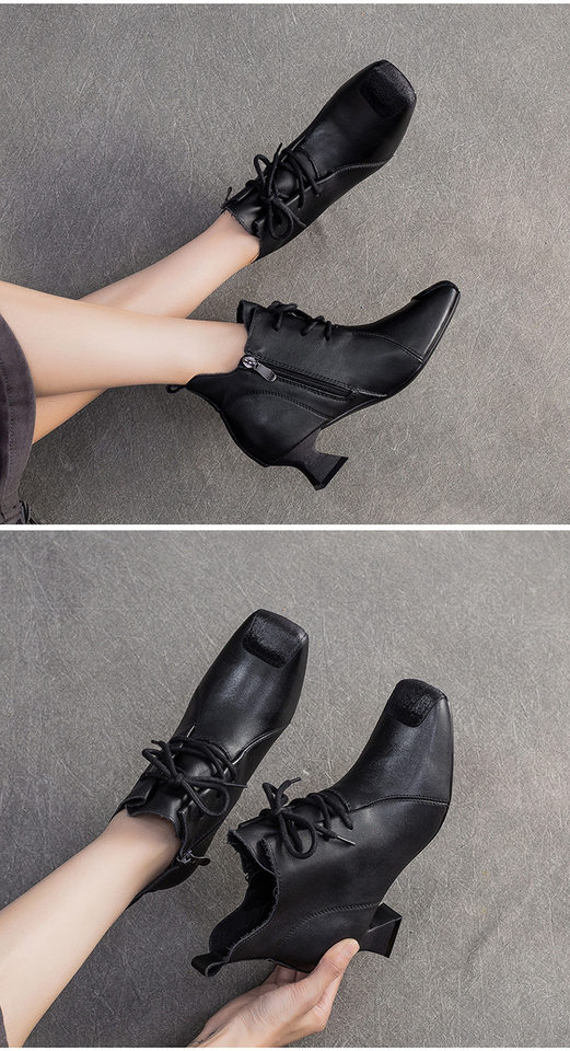 Boot Nữ Da Bò Cổ Lửng Gót Vuông Chiều Cao Đế Khoảng 5cm Màu Đen, Nâu chi tiết 7