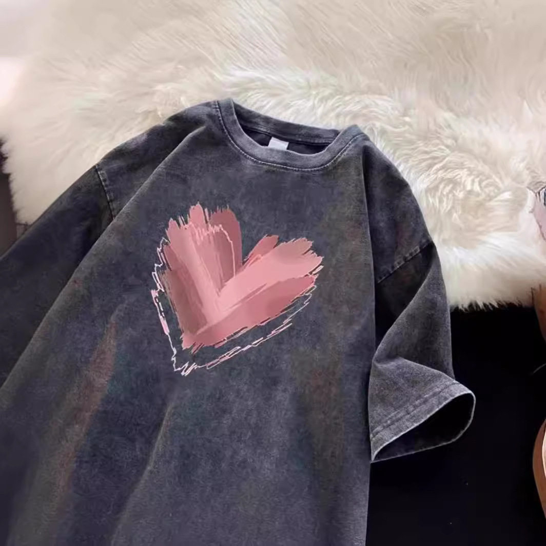 American retro washed old 100% cotton short-sleeved T-shirt men and women street trend hip-hop ins round neck top trend