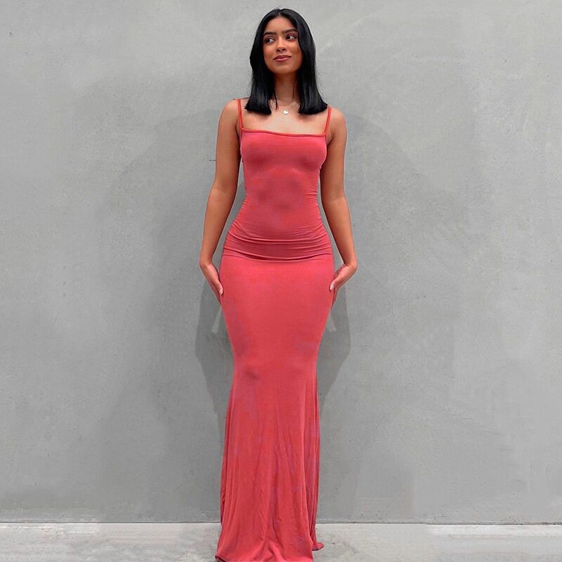 Womens Solid Color Bodycon Maxi Dress Spaghetti Straps Mermaid Hem Peach Butt Lift Elegant Evening Wear Wholesale