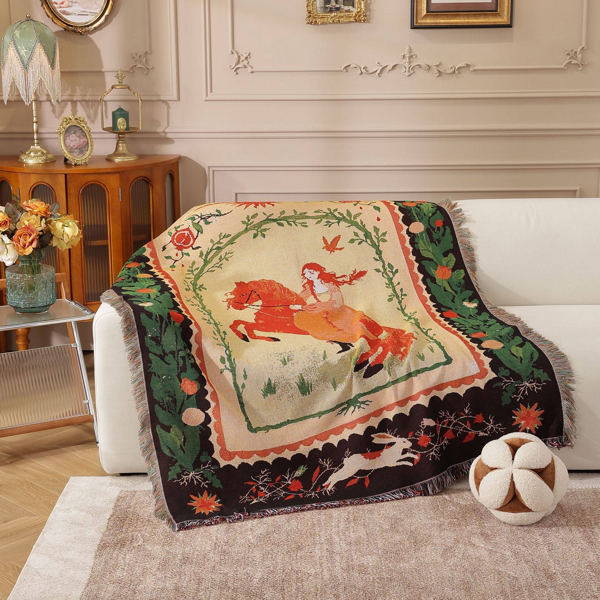 Modern Light Luxury Red-Haired Woman Riding Sofa Towel Decorative Tapestry Camping Style Placemat Air-Conditioning Cover Office Leisure Blanket Towel