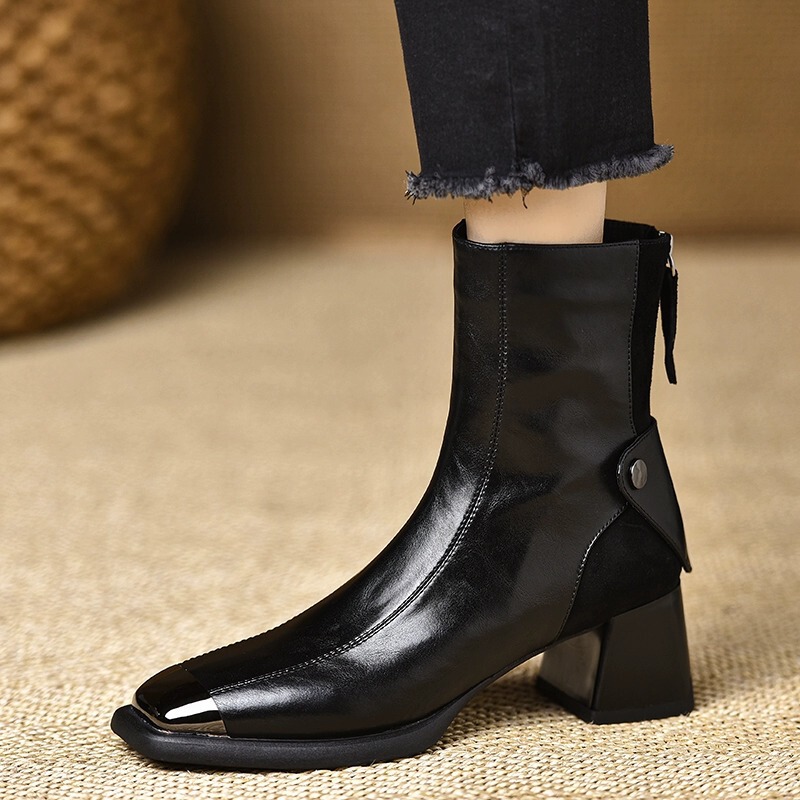Boot nữ cổ thấp mũi vuông gót thô khóa kéo sau — Màu đen, Màu nâu