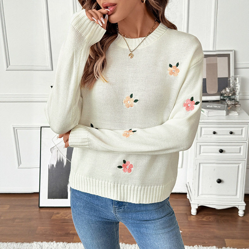 Floral Embroidered Sweater Soft White Loose Fit Round Neck Sweet and Gentle Style for Casual Wear Wholesale