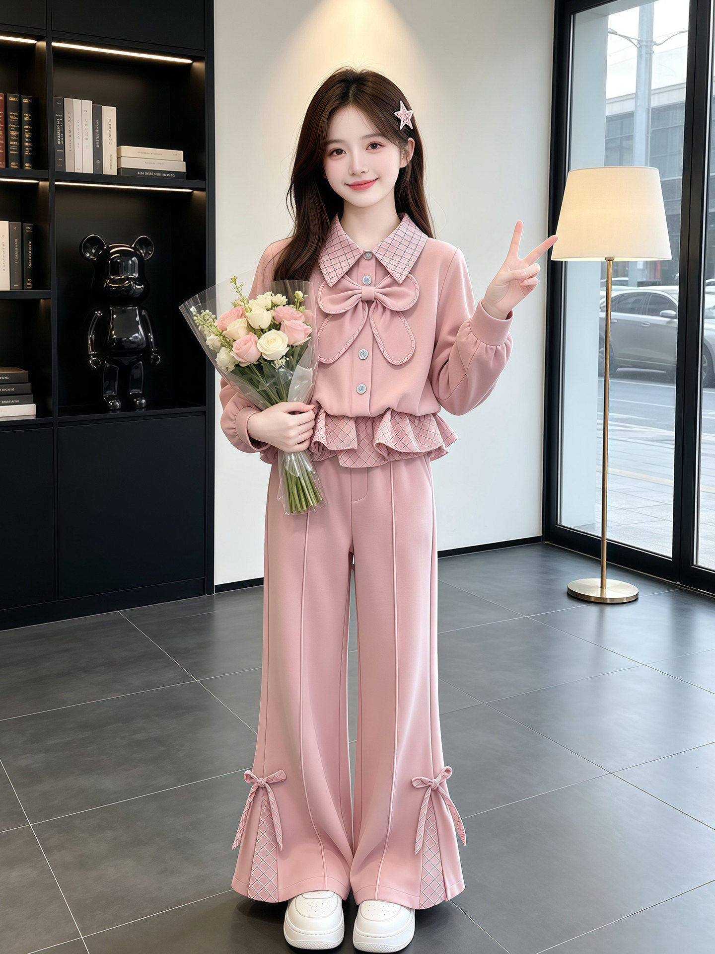 리본 프릴 블라우스 플레어 셋업 디테일