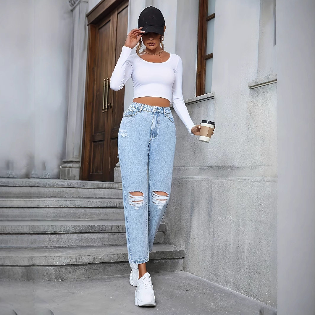 Womens Casual Loose Straight Leg Ripped Denim Jeans European and American Style Perfect for Everyday Wear Wholesale