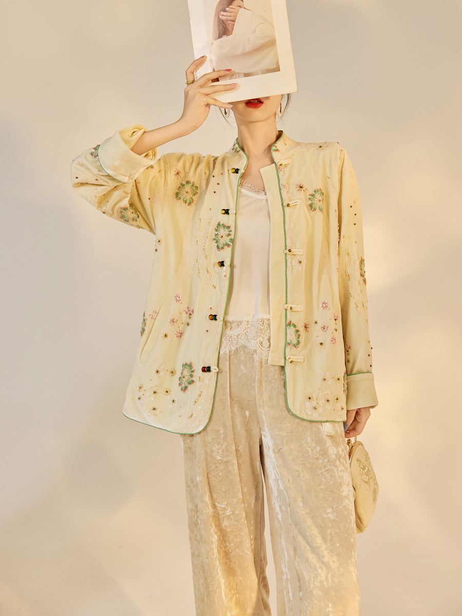 Áo khoác dạ nữ thêu cườm cổ đứng dáng suông — mơ, Mơ [phiên bản cotton]
