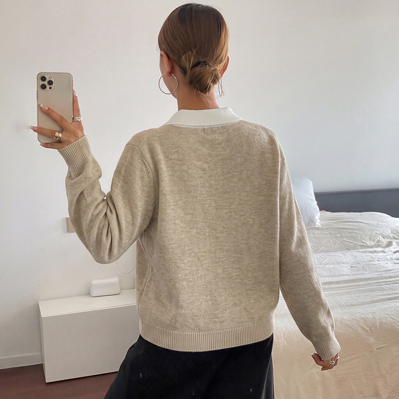 Long Sleeve Sweater Diamond Jacquard Soft and Sweet Style Lapel Collar Perfect for Fall Winter Wholesale Available