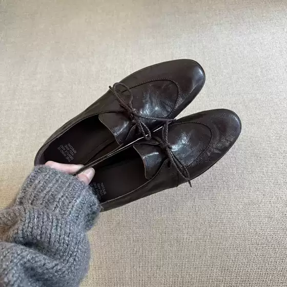 In Stock~Retro Round Toe Lace-Up Oxfords Women British Style 2026 Versatile Commute Chunky Heel Brown Loafers