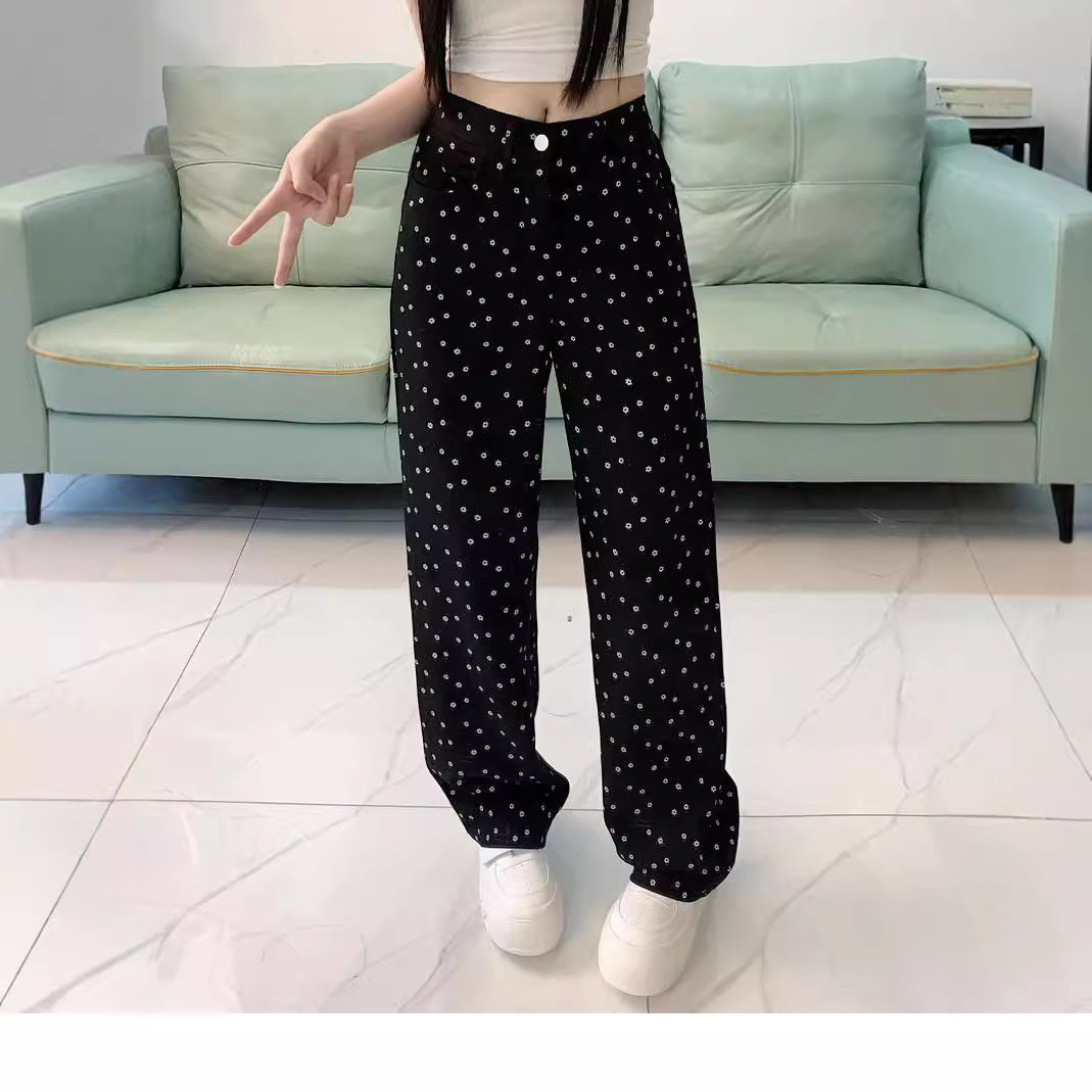 High Waisted Wide Leg Black Jeans Vintage Polka Dot Loose Fit Flattering Straight Leg Spring Summer Casual Wear