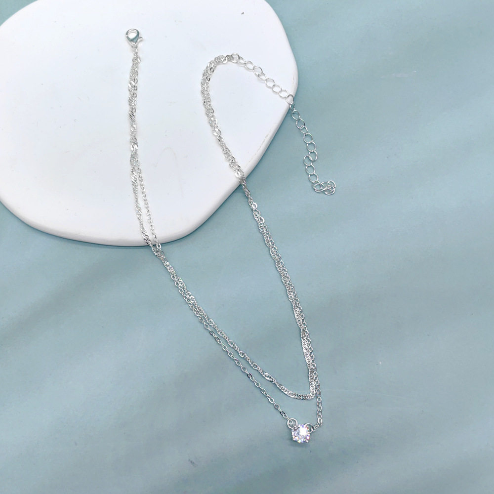 Korean Style Light Luxury Ins Fashion Diamond-encrusted Corrugated Collarbone Chain All-match Simple Niche Design Double Layer Imitation Zircon Necklace