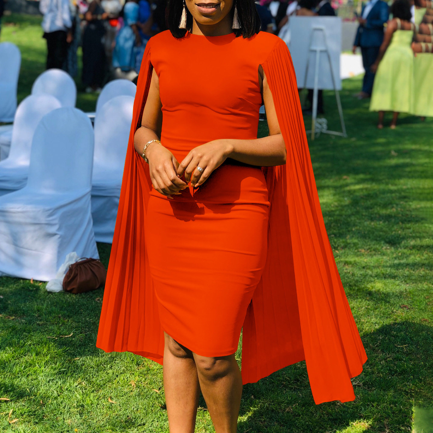 Elegant Womens Evening Dress Solid Color Round Neck Pleated Cape Perfect for Parties and Formal Events Wholesale