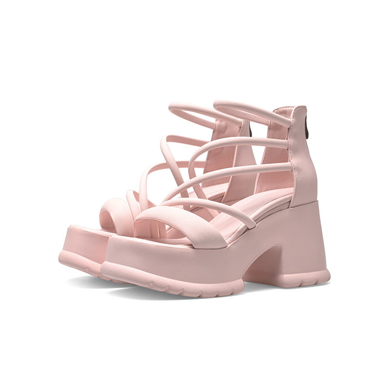Sandal cao gót nữ quai ngang đế dày 10 cm phong cách La Mã — Đen, Trắng, Hồng