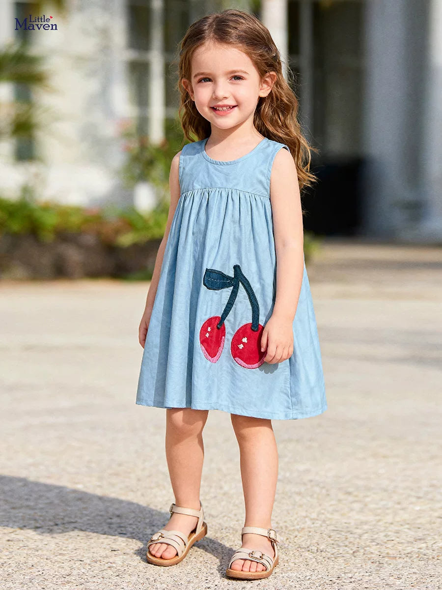 Girls' Sleeveless Dress, Summer Kids' Denim Dress, [Style] Cute Cherry Kids' Dress