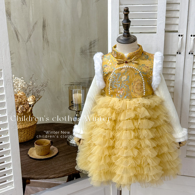 [in Stock] Girls' Chinese Style New Year Dress Winter Tang Suit Birthday Dress with Fleece Lining Puffy Skirt Princess Dress