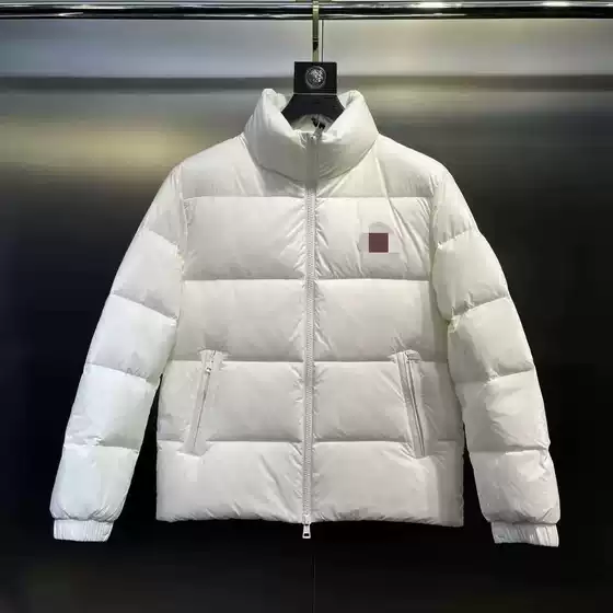 Moncler Large Logo down Jacket for Men and Women, Couple's Warm Solid Color Workwear Coat, White Duck Down, Logo Patch Style, Stand Collar