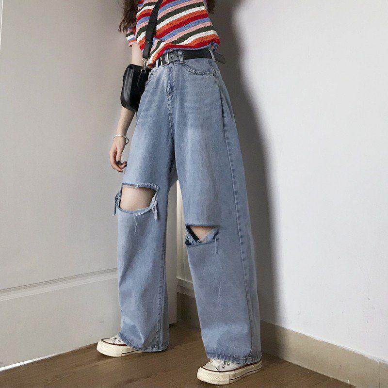 Knee Ripped Wide Leg Jeans for Women Loose Fit High Waist Casual Style Spring Summer Fashion Wholesale Available