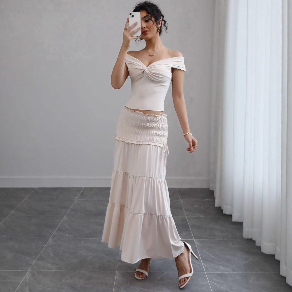 Summer Womens Two Piece Set Crop Top with Low Neckline Ruffled Skirt Chic French Style for Casual Outings Wholesale