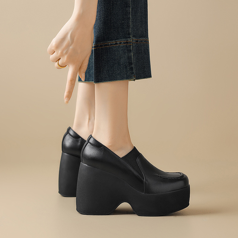 Giày cao gót nữ đế xuồng platform da bò mũi tròn gót 9cm — Màu đen