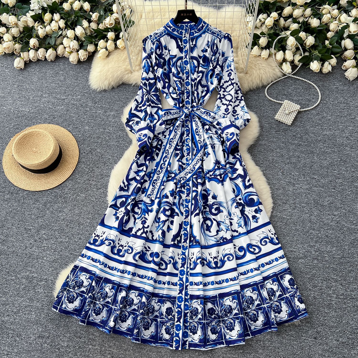 Vintage Floral Maxi Dress for Women Lantern Sleeves Stand Collar Button Closure Waist Tie Elegant Summer Style