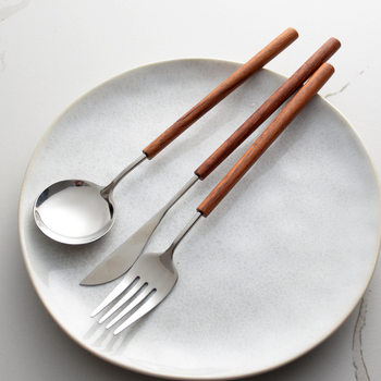 Nordic ins pear flower wood 304 mirror Western tableware 304 stainless steel steak knife fork Bento rice spoon three-piece set