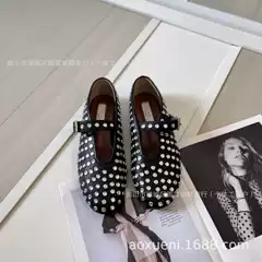 2026 Spring New Style One-Strap Ballet Shoes Full Rhinestone Flat Hollow Fishnet Shoes Retro Mary Jane Shoes