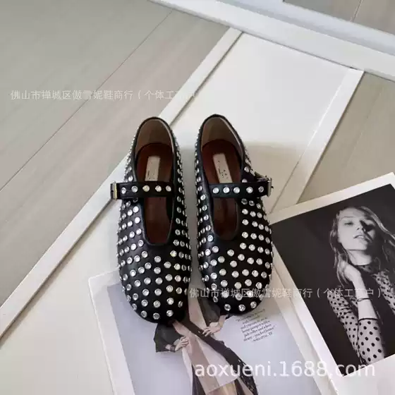 2026 Spring New Style One-Strap Ballet Shoes Full Rhinestone Flat Hollow Fishnet Shoes Retro Mary Jane Shoes