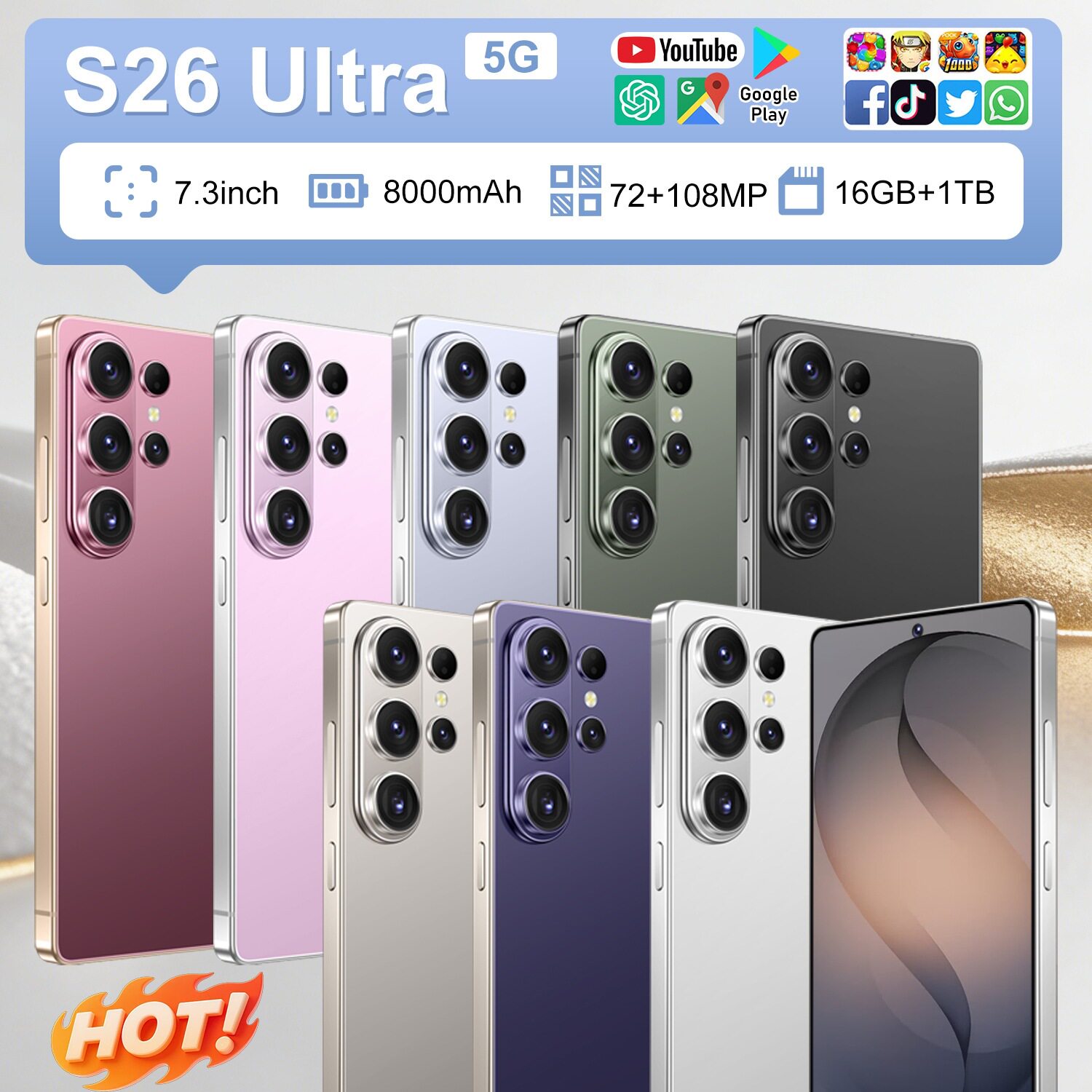 热销 跨境手机S26Ultra 16+1TB 穿孔7.3寸大屏外贸智能手机工厂批