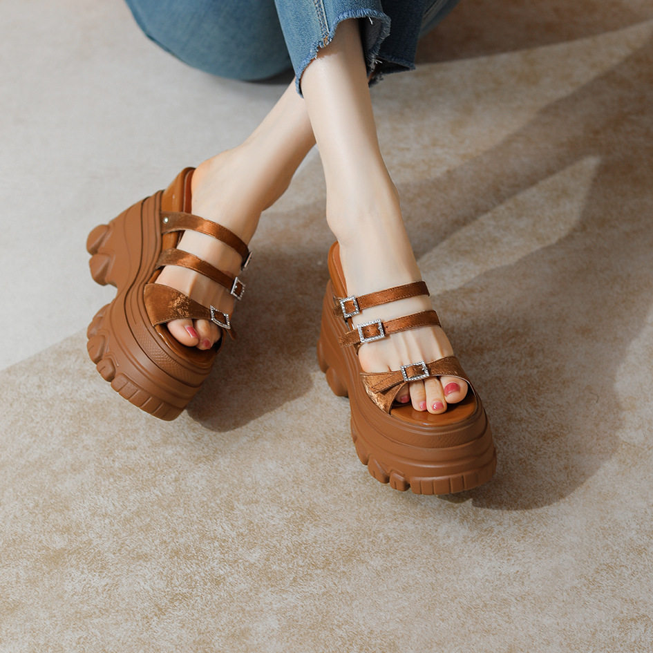 Sandal cao gót nữ mũi hở đế dày 12 cm, phong cách platform — Trắng Bạc, Đen, Mơ Sẫm