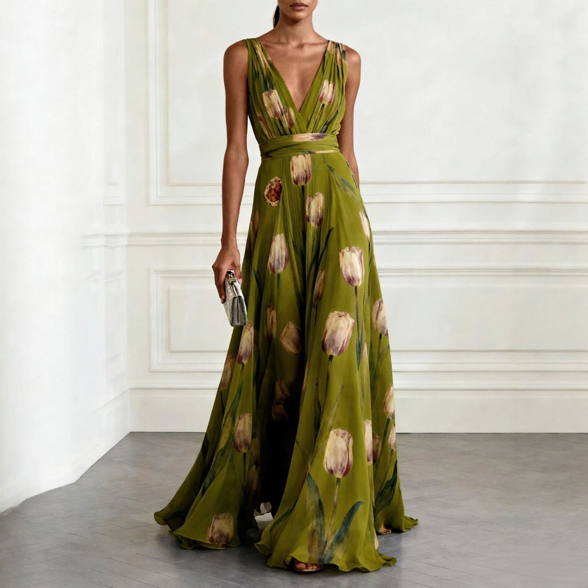 Floral Maxi Dress Summer Style Loose Fit V Neck Sleeveless Waist Defined Casual Wear Wholesale Available