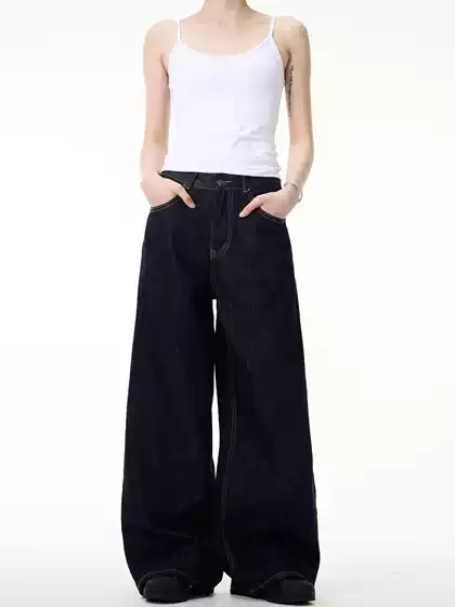 American Simple Retro Blue Straight Jeans for Men and Women Basic Loose Wide-Leg Cleanfit Pants Trendy