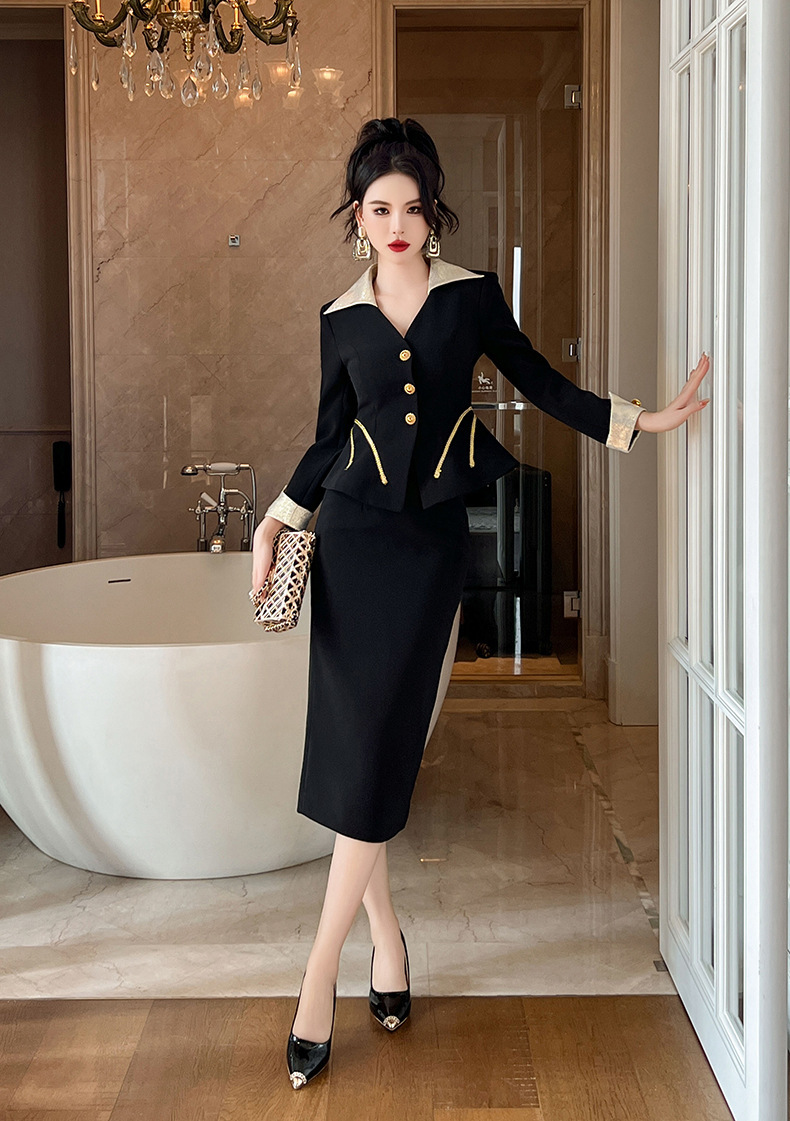 Bộ đầm nữ hai món áo khoác cổ chữ V thắt eo và chân váy ôm cạp cao — Màu đen