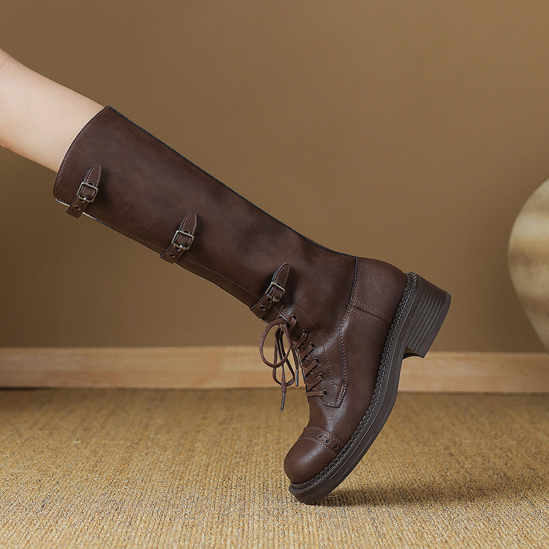Boot nữ cổ cao da bò buộc dây khóa thắt lưng gót thô — Màu đen lót một lớp, Màu đen lót nhung, Màu nâu lót một lớp, Màu nâu lót nhung