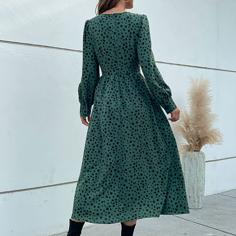 Long Sleeve Leopard Print Maxi Dress Green Color Trendy Design Autumn Fashion Wholesale Available