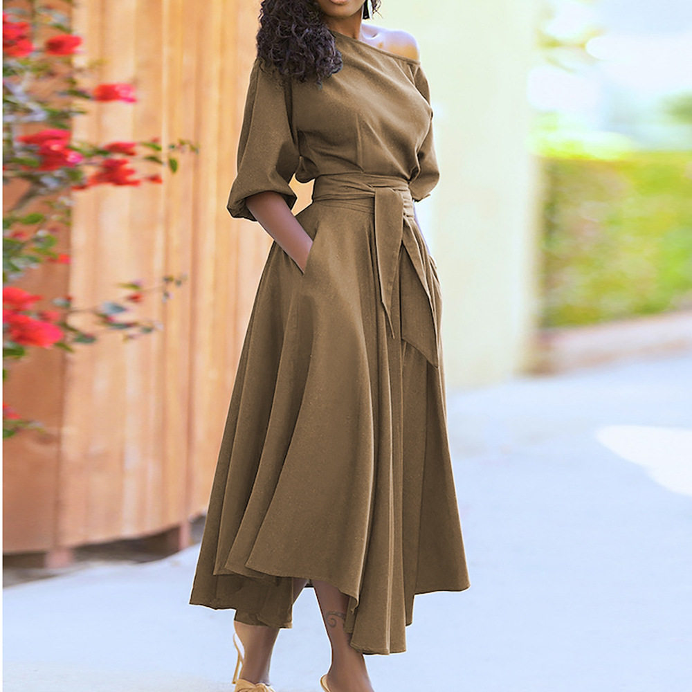 Elegant One Shoulder Tie Waist Long Sleeve Dress Solid Color Spring Collection Womens Fashion Wholesale Available