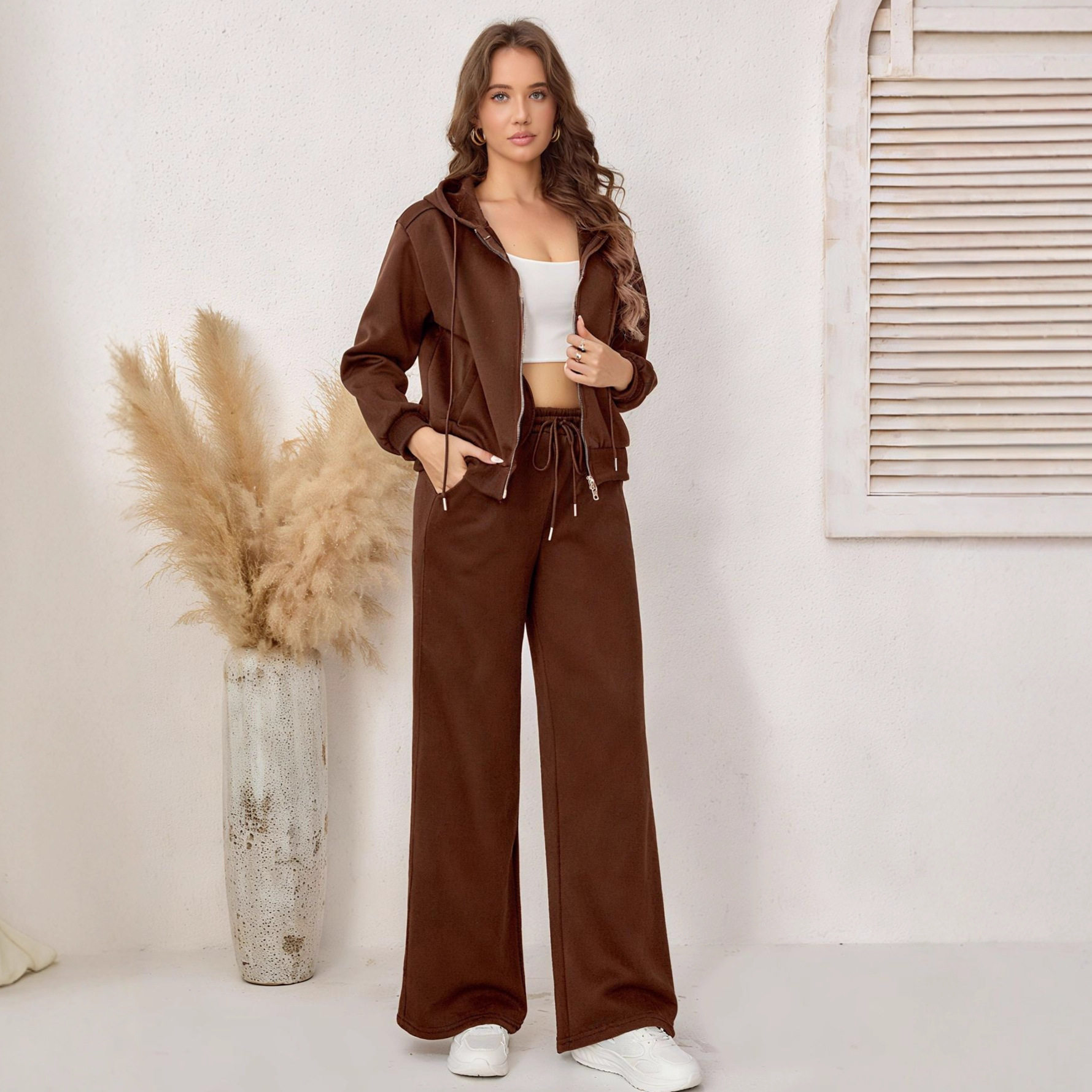 Womens Black Casual Tracksuit Slim Fit Fleece Lined Hooded Double Zipper Long Pants Autumn Winter Wear