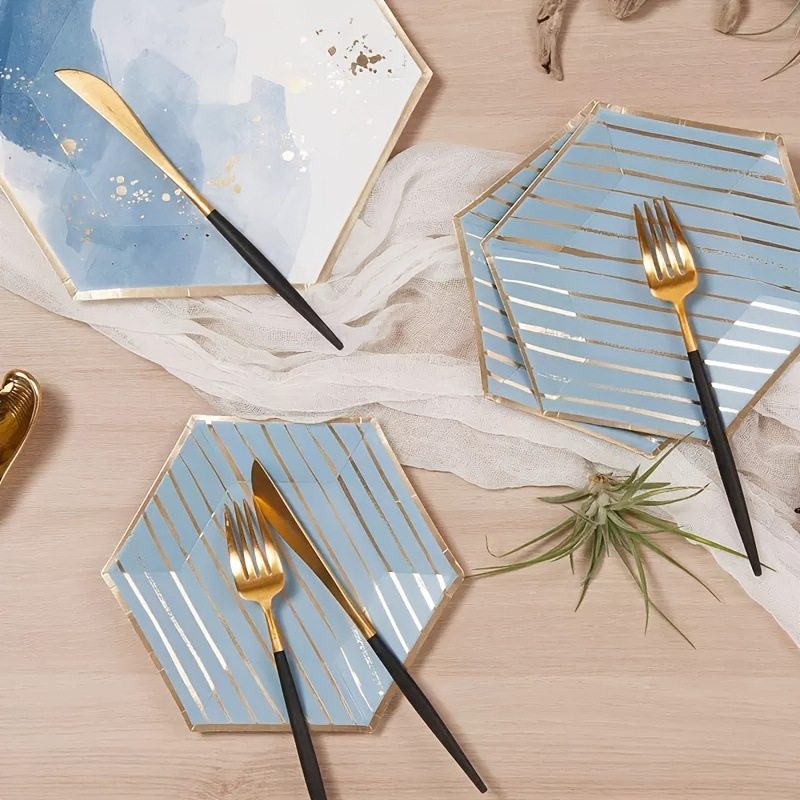 Cross-Border Disposable Paper Plate Disposable Cake Plate Hexagonal Ink Blue Birthday Party Cake Tableware Set