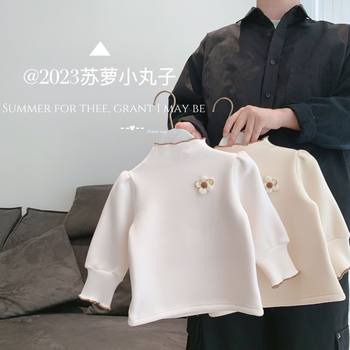 2023 autumn and winter 0-3 years old girls' Western style children's knitted mid-collar one-piece velvet thickened bottoming shirt