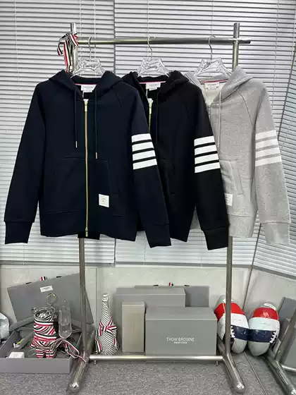 Factory Outlet High Version TB Autumn and Winter Striped Four Bars Long Sleeve fleece-lined Thick Hooded Cardigan Men's Sweater