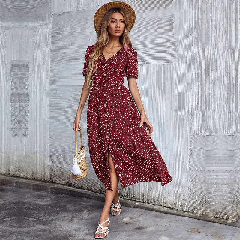 Summer Womens Midi Dress Short Sleeve Button Closure Polka Dot V Neck Casual Wear for Everyday Wholesale