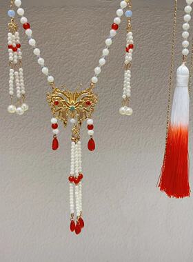 古风长款璎珞复古珍珠吊坠坦领唐风汉服配饰明制长流苏背云项链女