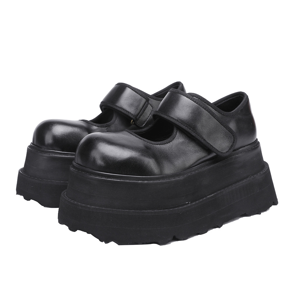 Giày Mary Jane nữ da bò thật đế dày 7cm quai ngang dán tiện lợi — Màu đen, Màu kaki