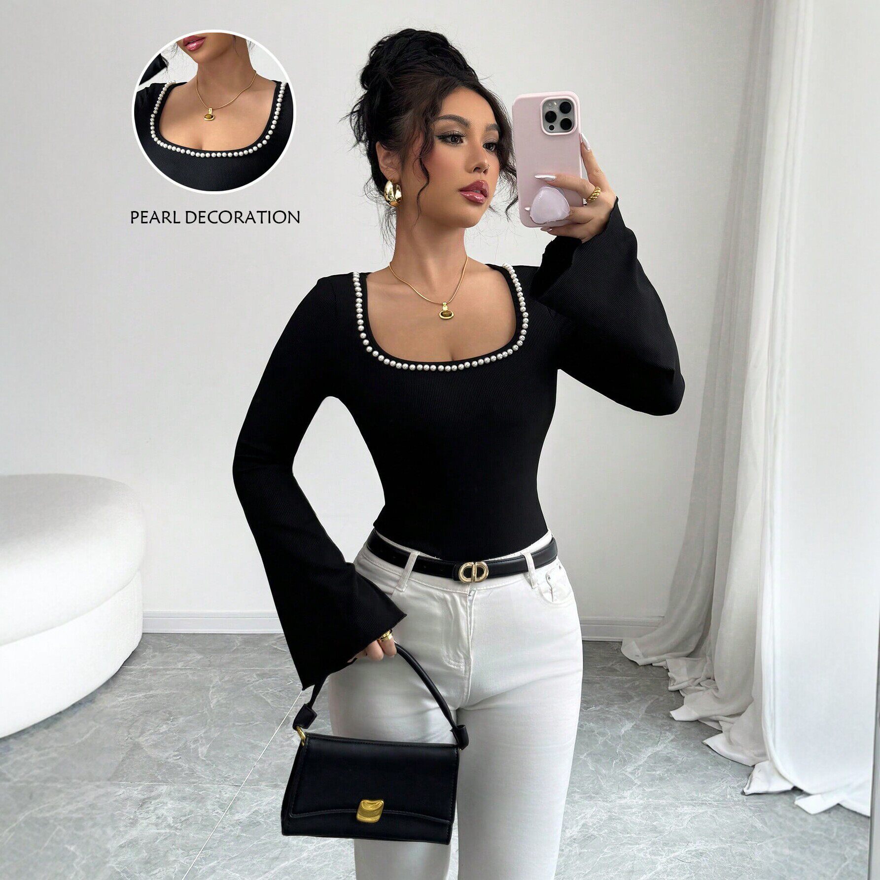 Black Square Neck T Shirt for Women Pearl Decor Flared Sleeves Slim Fit Long Sleeve Casual Wear Wholesale
