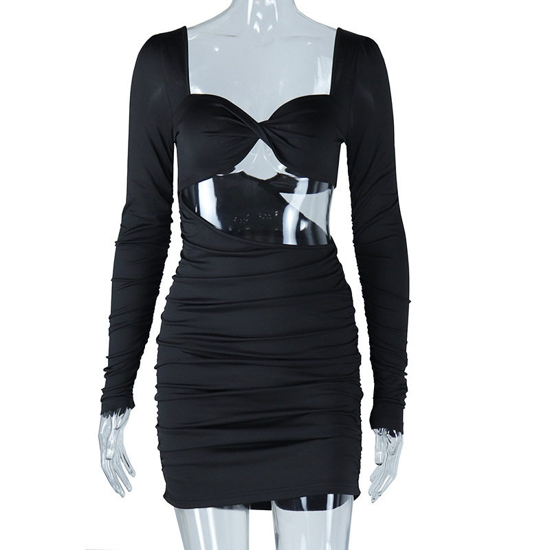 Long Sleeve Square Neck Bodycon Dress Solid Color Ruched Backless Slim Fit Stylish for Parties or Night Out