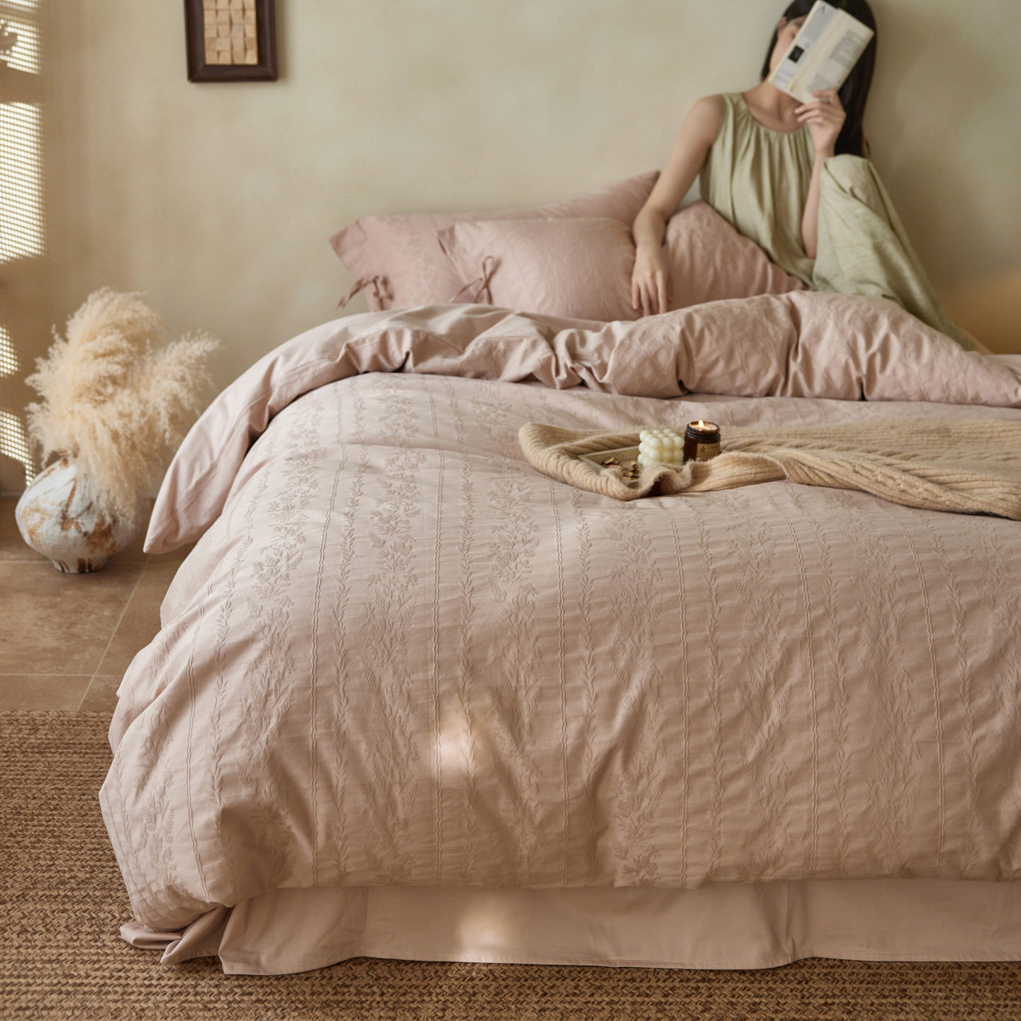 Autumn and Winter Warm and Skin-Friendly Mother and Baby Embossed Jacquard 100S Long-Staple Cotton Brushed Four-Piece Set, Pure Cotton High-End Bedding