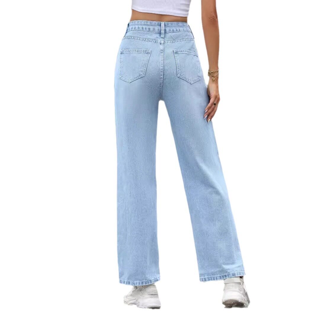High Waisted Straight Leg Casual Denim Pants Versatile Fit Comfortable Fabric Trendy Style Wholesale Available