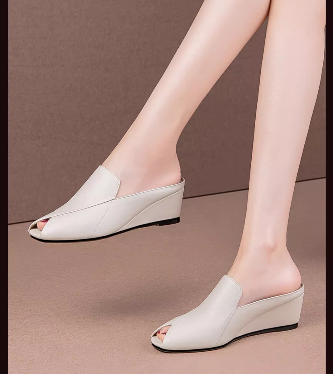 Dép sandal nữ mũi hở gót nêm 5cm phong cách tối giản, quai ngang dễ mang hằng ngày — Màu đen, Màu trắng be