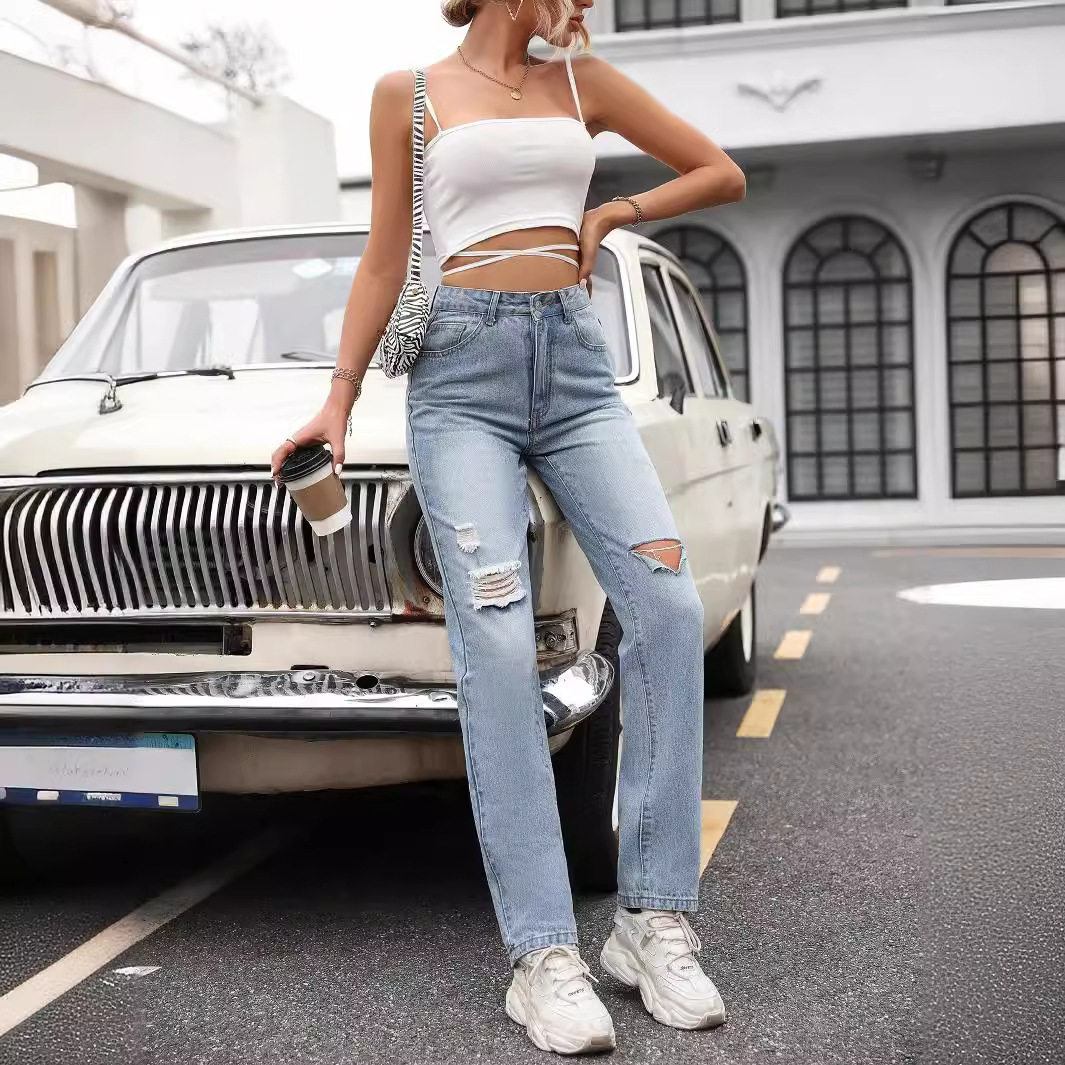 High Waisted Wide Leg Jeans Loose Fit Straight Cut Durable Denim Casual Wear for Women Wholesale Available