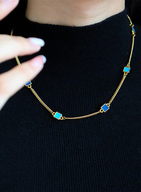 极简欧美时尚蓝色滴油方块项链轻奢小众复古精致气质百搭锁骨链