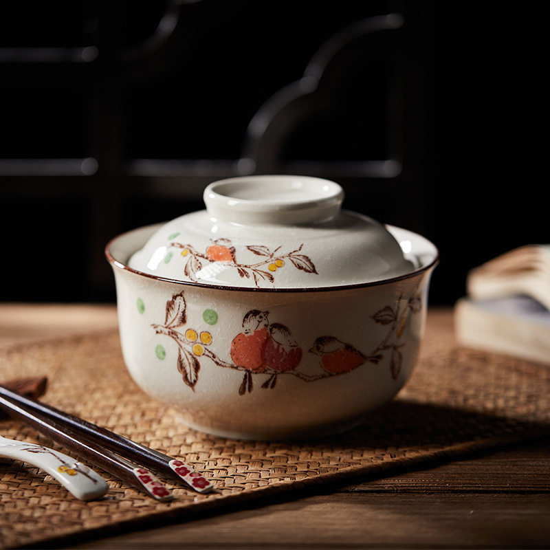 6.5-inch instant noodle bowl with lid lunch box student Chinese underglaze color ceramic suit ramen bowl canteen tableware