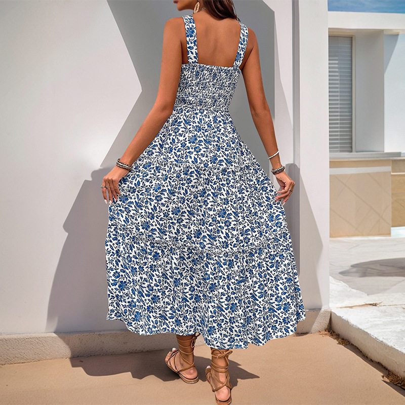 Summer Floral Maxi Dress Sleeveless Elastic Waist Casual Style Perfect for Beach or Outdoor Events Wholesale