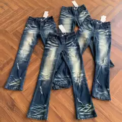 2026 American-Style Heavy-Duty Washed Vintage Distressed Whiskered Ripped Jeans Trendy Slim Fit Flared Cleanfit Pants for Men